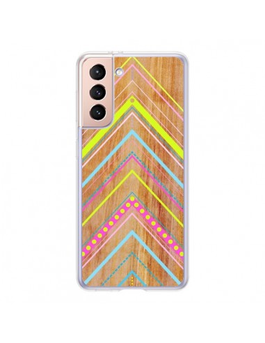 Coque Samsung Galaxy S21 5G Wooden Chevron Pink Bois Azteque Aztec Tribal - Jenny Mhairi