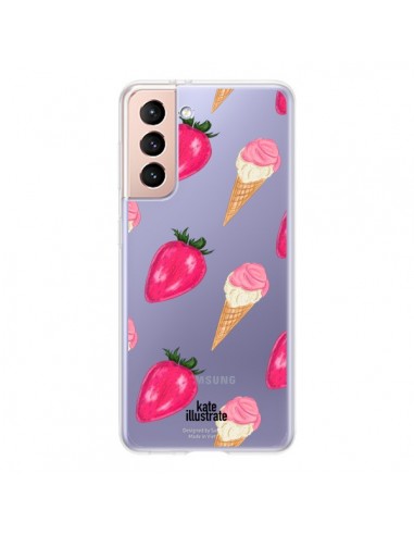 Coque Samsung Galaxy S21 5G Strawberry Ice Cream Fraise Glace Transparente - kateillustrate