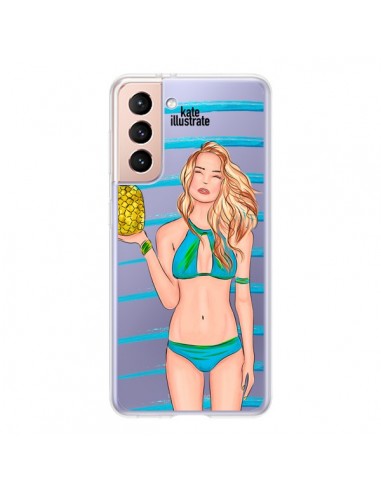 Coque Samsung Galaxy S21 5G Malibu Ananas Plage Ete Bleu Transparente - kateillustrate