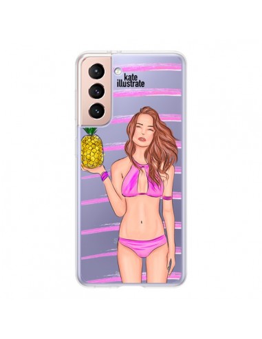 Coque Samsung Galaxy S21 5G Malibu Ananas Plage Ete Rose Transparente - kateillustrate