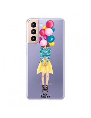 Coque Samsung Galaxy S21 5G Girls Balloons Ballons Fille Transparente - kateillustrate