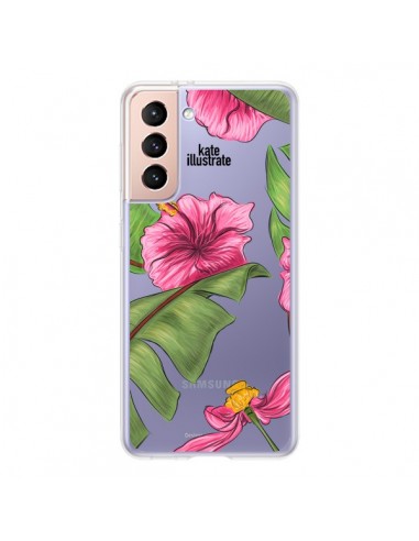 Coque Samsung Galaxy S21 5G Tropical Leaves Fleurs Feuilles Transparente - kateillustrate