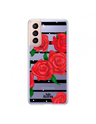 Coque Samsung Galaxy S21 5G Red Roses Rouge Fleurs Flowers Transparente - kateillustrate