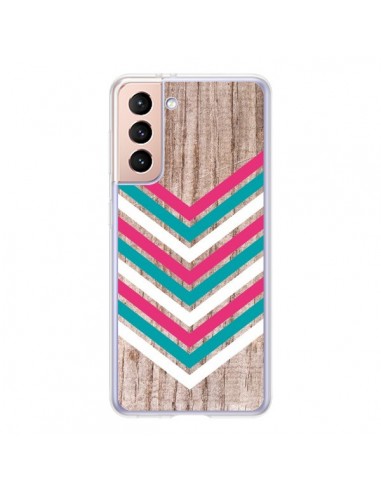 Coque Samsung Galaxy S21 5G Tribal Aztèque Bois Wood Flèche Rose Bleu - Laetitia