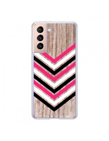 Coque Samsung Galaxy S21 5G Tribal Aztèque Bois Wood Flèche Rose Blanc Noir - Laetitia