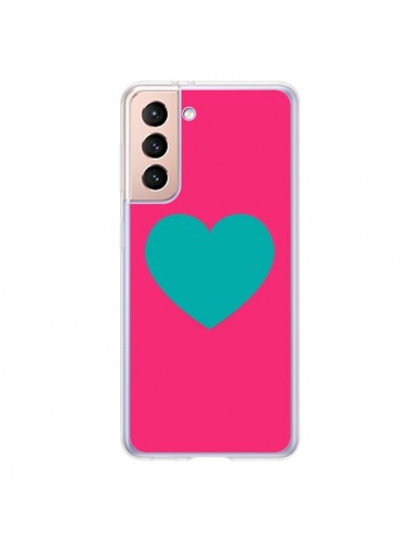 Coque Samsung Galaxy S21 5G Coeur Bleu Fond Rose - Laetitia