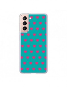 Coque Samsung Galaxy S21 5G Coeurs Roses Fond Bleu -...
