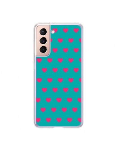 Coque Samsung Galaxy S21 5G Coeurs Roses Fond Bleu - Laetitia