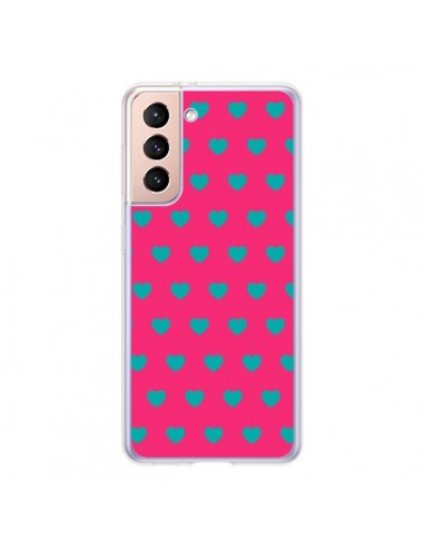 Coque Samsung Galaxy S21 5G Coeurs Bleus Fond Rose - Laetitia