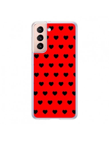 Coque Samsung Galaxy S21 5G Coeurs Noirs Fond Rouge - Laetitia