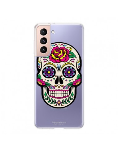 Coque Samsung Galaxy S21 5G Tête de Mort Mexicaine Fleurs Transparente - Laetitia