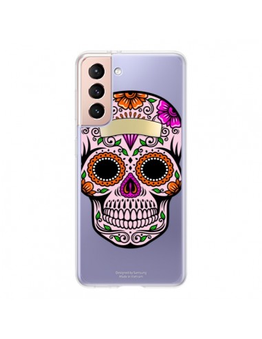 Coque Samsung Galaxy S21 5G Tête de Mort Mexicaine Noir Rose Transparente - Laetitia