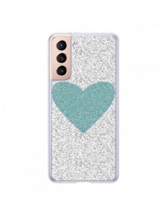 Coque Samsung Galaxy S21 5G Coeur Bleu Vert Argent Love -...