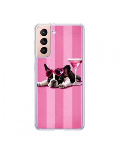 Coque Samsung Galaxy S21 5G Chien Dog Cocktail Lunettes Coeur Rose - Maryline Cazenave