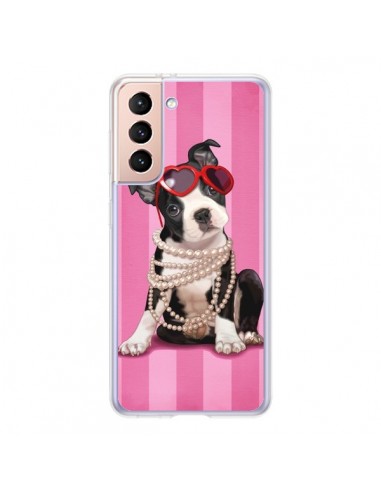 Coque Samsung Galaxy S21 5G Chien Dog Fashion Collier Perles Lunettes Coeur - Maryline Cazenave