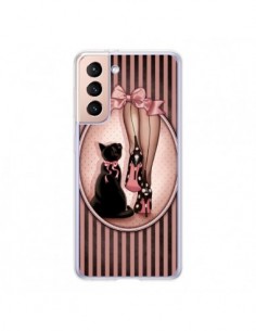Coque Samsung Galaxy S21 5G Lady Chat Noeud Papillon Pois...