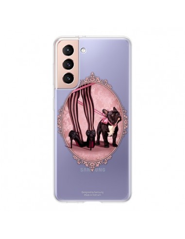 Coque Samsung Galaxy S21 5G Lady Jambes Chien Bulldog Dog Rose Pois Noir Transparente - Maryline Cazenave
