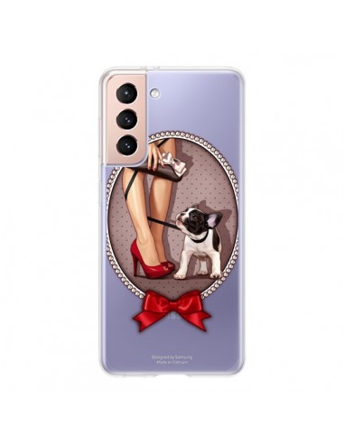 Coque Samsung Galaxy S21 5G Lady Jambes Chien Bulldog Dog Pois Noeud Papillon Transparente - Maryline Cazenave