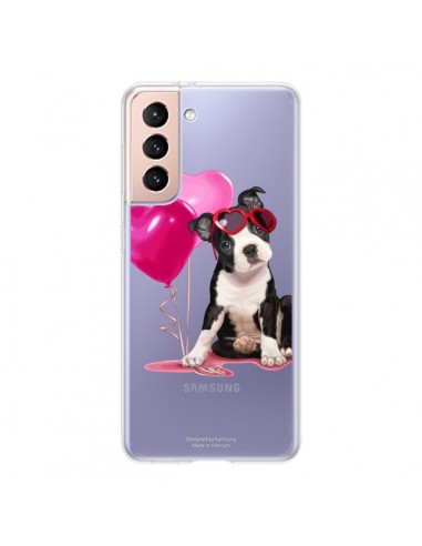 Coque Samsung Galaxy S21 5G Chien Dog Ballon Lunettes Coeur Rose Transparente - Maryline Cazenave