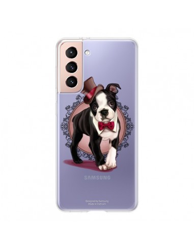 Coque Samsung Galaxy S21 5G Chien Bulldog Dog Gentleman Noeud Papillon Chapeau Transparente - Maryline Cazenave