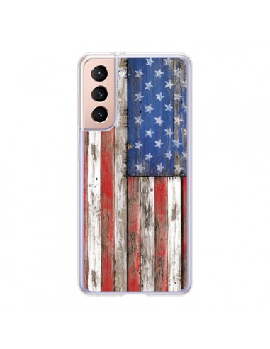 Coque Samsung Galaxy S21 5G Drapeau USA Vintage Bois Wood - Maximilian San