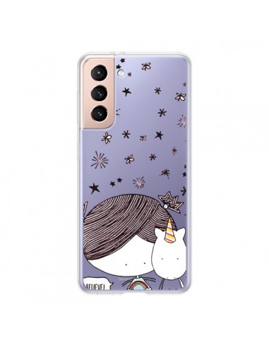 Coque Samsung Galaxy S21 5G Petite Fille et Licorne I Believe Transparente - Nico