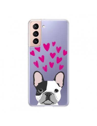 Coque Samsung Galaxy S21 5G Bulldog Français Coeurs Chien Transparente - Pet Friendly