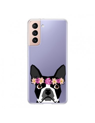 Coque Samsung Galaxy S21 5G Boston Terrier Fleurs Chien Transparente - Pet Friendly