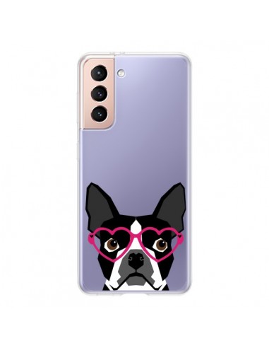 Coque Samsung Galaxy S21 5G Boston Terrier Lunettes Coeurs Chien Transparente - Pet Friendly