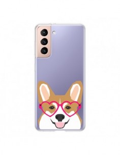 Coque Samsung Galaxy S21 5G Chien Marrant Lunettes Coeurs...
