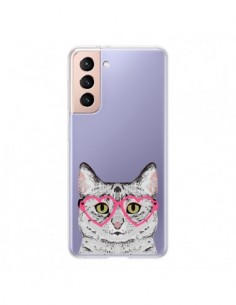 Coque Samsung Galaxy S21 5G Chat Gris Lunettes Coeurs...
