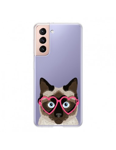 Coque Samsung Galaxy S21 5G Chat Marron Lunettes Coeurs Transparente - Pet Friendly