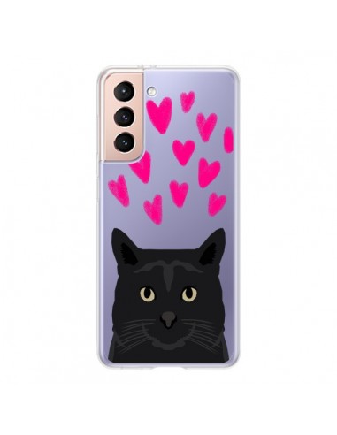 Coque Samsung Galaxy S21 5G Chat Noir Coeurs Transparente - Pet Friendly