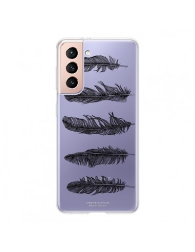 Coque Samsung Galaxy S21 5G Plume Feather Noir Transparente - Rachel Caldwell