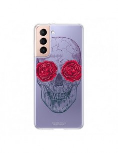 Coque Samsung Galaxy S21 5G Tête de Mort Rose Fleurs...