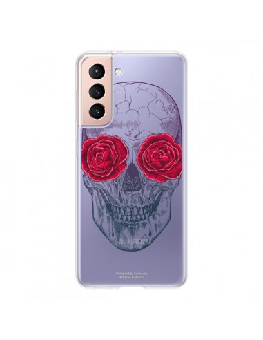 Coque Samsung Galaxy S21 5G Tête de Mort Rose Fleurs Transparente - Rachel Caldwell