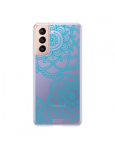 Coque Samsung Galaxy S21 5G Mandala Bleu Aqua Doodle Flower Transparente - Sylvia Cook