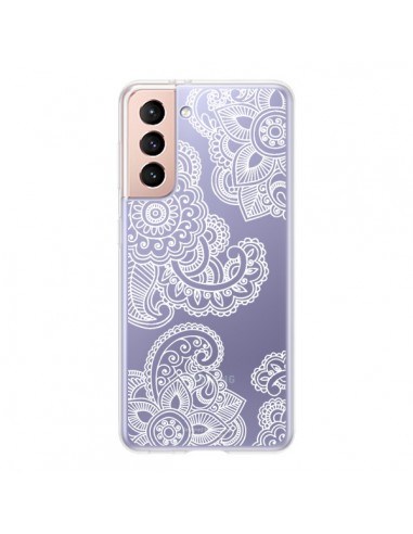 Coque Samsung Galaxy S21 5G Lacey Paisley Mandala Blanc Fleur Transparente - Sylvia Cook