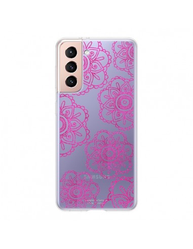 Coque Samsung Galaxy S21 5G Pink Doodle Flower Mandala Rose Fleur Transparente - Sylvia Cook