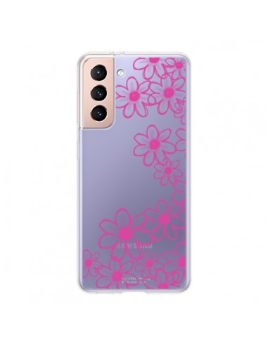 Coque Samsung Galaxy S21 5G Pink Flowers Fleurs Roses Transparente - Sylvia Cook