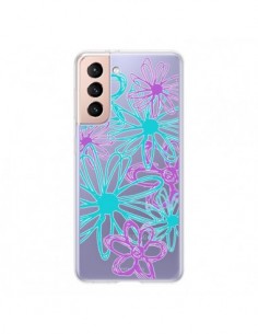 Coque Samsung Galaxy S21 5G Turquoise and Purple Flowers...