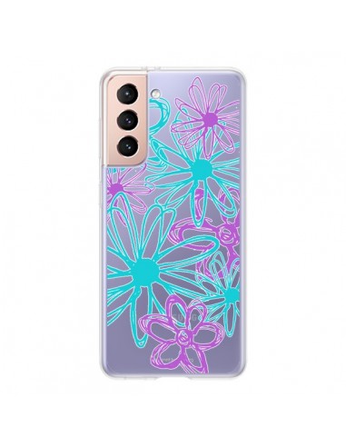 Coque Samsung Galaxy S21 5G Turquoise and Purple Flowers Fleurs Violettes Transparente - Sylvia Cook