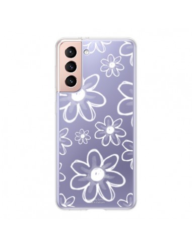 Coque Samsung Galaxy S21 5G Mandala Blanc White Flower Transparente - Sylvia Cook