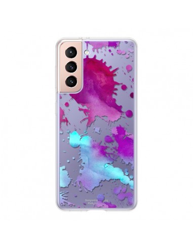 Coque Samsung Galaxy S21 5G Watercolor Splash Taches Bleu Violet Transparente - Sylvia Cook