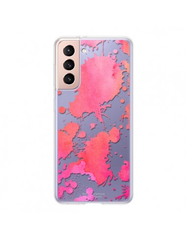 Coque Samsung Galaxy S21 5G Watercolor Splash Taches Rose Orange Transparente - Sylvia Cook