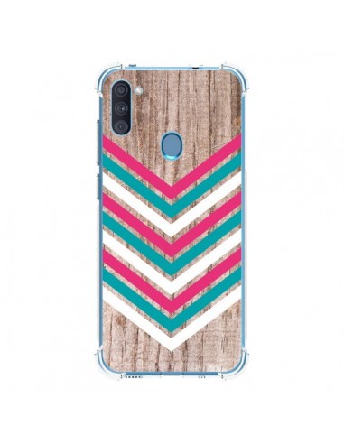 Coque Samsung Galaxy A11 et M11 Tribal Aztèque Bois Wood Flèche Rose Bleu - Laetitia