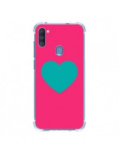 Coque Samsung Galaxy A11 et M11 Coeur Bleu Fond Rose -...