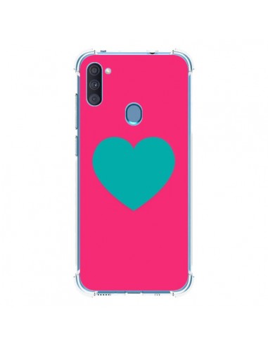 Coque Samsung Galaxy A11 et M11 Coeur Bleu Fond Rose - Laetitia