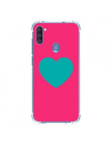 Coque Samsung Galaxy A11 et M11 Coeur Bleu Fond Rose - Laetitia