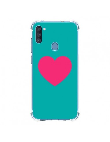 Coque Samsung Galaxy A11 et M11 Coeur Rose Fond Bleu  - Laetitia